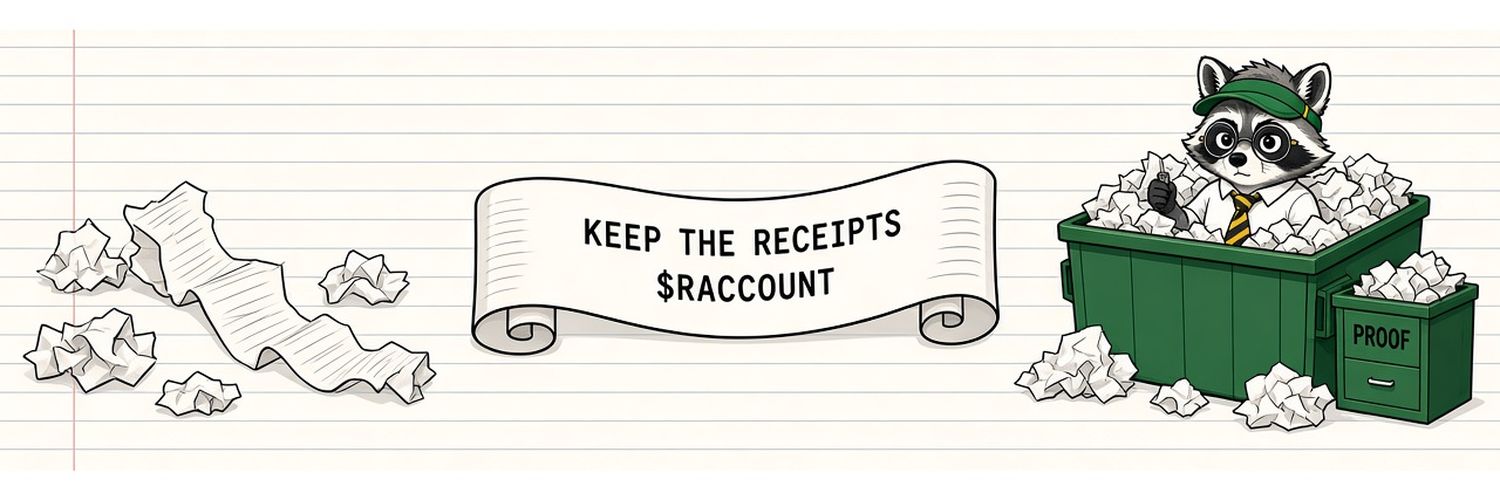 Rocco sitting in a green dumpster full of crumpled receipts next to a filing cabinet labeled PROOF, with a scroll reading Keep the receipts, $RACCOUNT