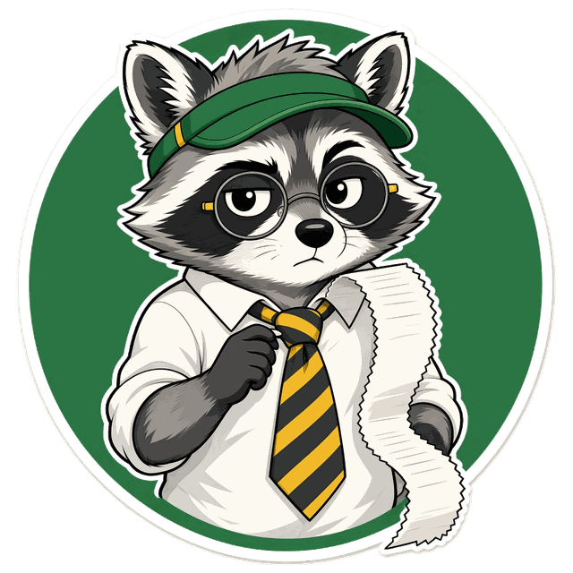 Rocco the raccoon accountant in a green visor, round glasses and a striped tie, holding a long receipt